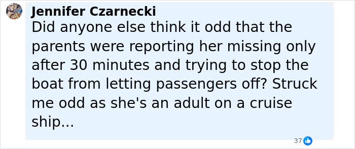 Facebook comment discussing overlooked detail about Amy Bradley’s disappearance on a cruise ship mystery case. Facebook comment discussing overlooked detail about Amy Bradley’s disappearance on a cruise ship mystery case.
