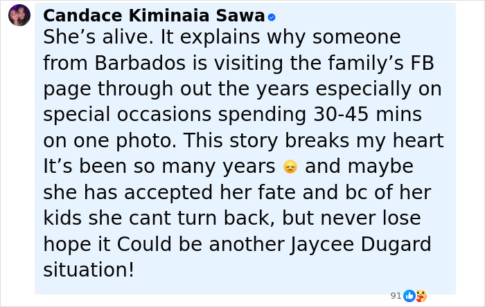 Comment by Candace Kiminaia Sawa discussing hope and overlooked details in the Amy Bradley cruise ship mystery case. Comment by Candace Kiminaia Sawa discussing hope and overlooked details in the Amy Bradley cruise ship mystery case.