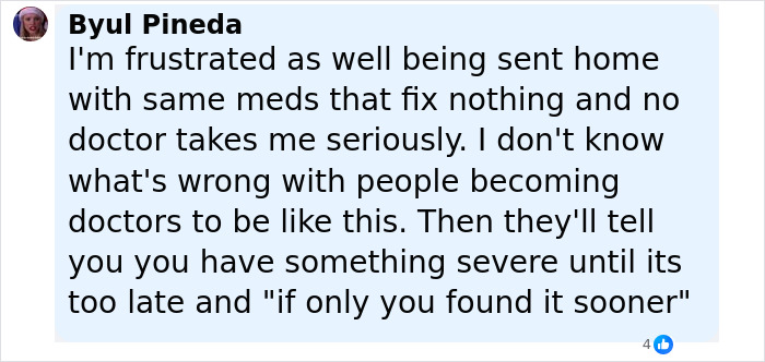 Facebook comment expressing frustration about doctors not taking symptoms seriously before a severe diagnosis, related to weight gain issues.