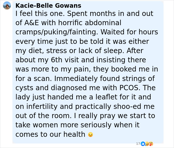 ALT text: Social media comment about months of abdominal pain and delayed PCOS diagnosis highlighting weight gain and health concerns.