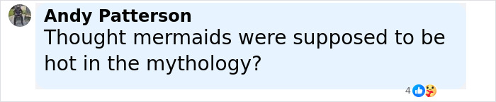 Comment from Andy Patterson questioning if mermaids are supposed to be attractive in mythology, related to famous mermaid statue criticism. - 27