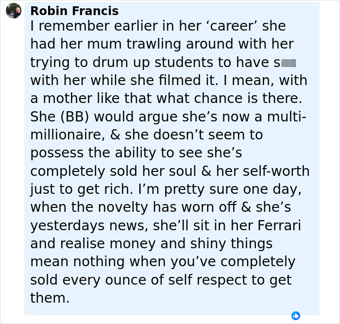 Text comment on screen about Bonnie Blue’s career and self-worth, analyzed by body language expert. - 7