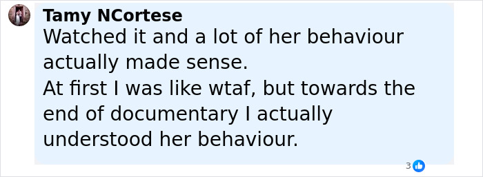 Screenshot of comment discussing behavior analysis by body language expert decoding Bonnie Blue’s sudden expression change in a documentary. Screenshot of comment discussing behavior analysis by body language expert decoding Bonnie Blue’s sudden expression change in a documentary.