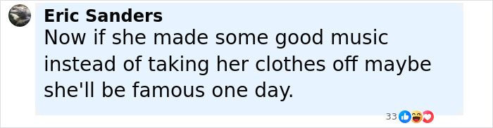 Comment criticizing Sabrina Carpenter pole dance video, mentioning music and clothing choices on social media post.