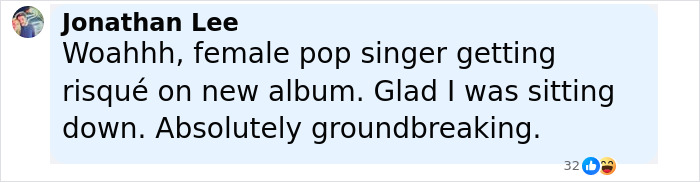 Comment box showing Jonathan Lee praising a female pop singer&rsquo;s risqu&eacute; new album, calling it groundbreaking.