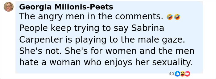 Comment highlighting reactions to Sabrina Carpenter pole dance video and discussions about male gaze and female sexuality.