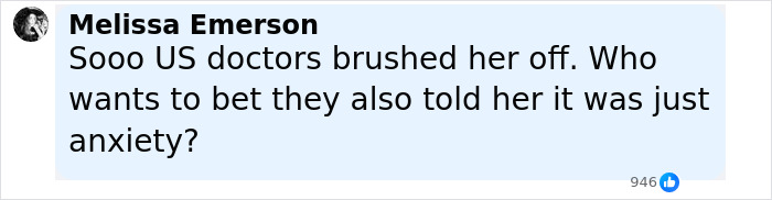 Comment by Melissa Emerson expressing skepticism about doctors dismissing a woman's smart ring detected illness as anxiety.