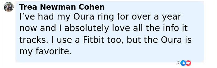 Comment by woman sharing her positive experience using a smart ring for health tracking, praising its features.