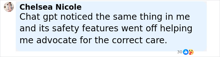 Comment from Chelsea Nicole discussing how Chat GPT safety features helped advocate for correct care related to smart ring illness detection.