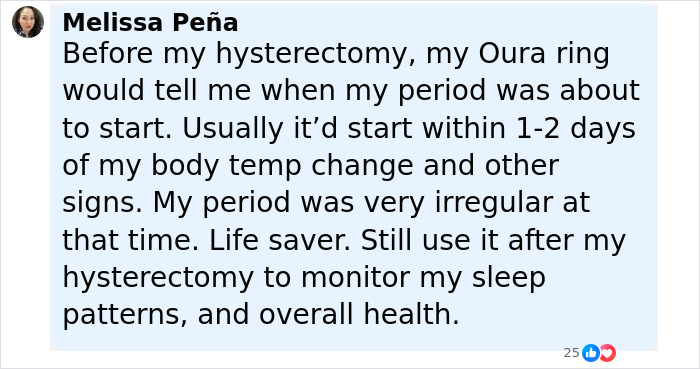 Comment from woman explaining how her smart ring helped detect health changes before her hysterectomy and monitors sleep.