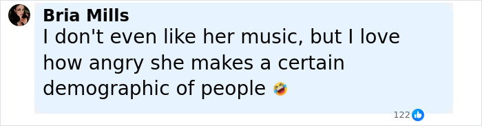 Comment from Bria Mills reacting to Sabrina Carpenter pole dance video, expressing dislike for her music but noting her impact on certain viewers.