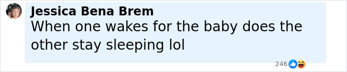 Comment by Jessica Bena Brem asking if one Hensel twin wakes for the baby does the other stay sleeping, sparking motherhood speculation. Comment by Jessica Bena Brem asking if one Hensel twin wakes for the baby does the other stay sleeping, sparking motherhood speculation.
