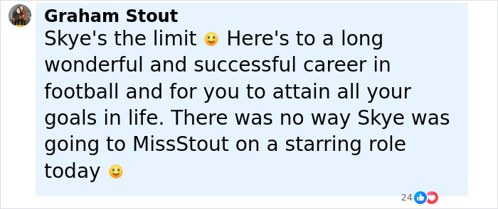 Comment praising 16-year-old footballer Skye for her career and success, supporting her against online trolls. Comment praising 16-year-old footballer Skye for her career and success, supporting her against online trolls.