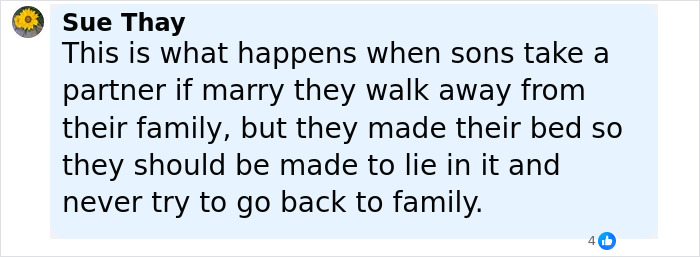 Comment by Sue Thay discussing family issues related to sons marrying partners and walking away from family.