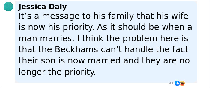 Comment from Jessica Daly discussing David and Victoria Beckham's reaction to son Brooklyn's vow renewal speech, highlighting family priorities.