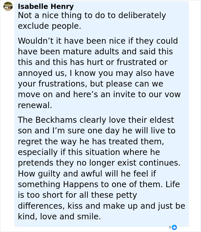 Comment discussing David and Victoria Beckham heartbroken over son Brooklyn&rsquo;s shocking vow renewal speech to wife.