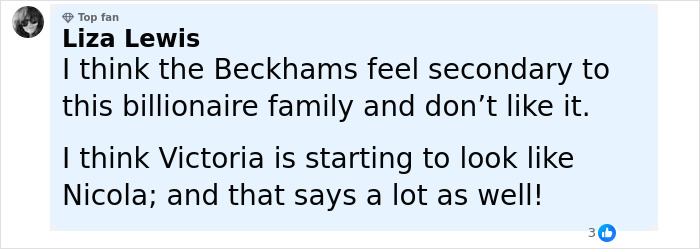 Comment by Liza Lewis expressing opinions on the Beckham family dynamics and Victoria&rsquo;s changing appearance.