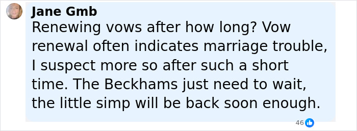 Comment about David and Victoria Beckham heartbroken over son Brooklyn's vow renewal speech causing marriage concerns.