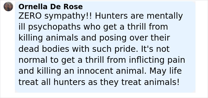 Comentario de usuario sin simpatía hacia cazador texano fatalmente corneado por búfalo en safari, expresando rechazo a la caza de trofeos. Comentario de usuario sin simpatía hacia cazador texano fatalmente corneado por búfalo en safari, expresando rechazo a la caza de trofeos.