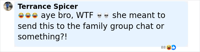 Comment by Terrance Spicer reacting with emojis and questioning if a message was meant for a family group chat, related to Will Smith's and Jada Pinkett's daughter.