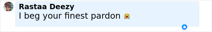 Text message from Rastaa Deezy saying I beg your finest pardon with a crying emoji and a blue thumbs-up icon.