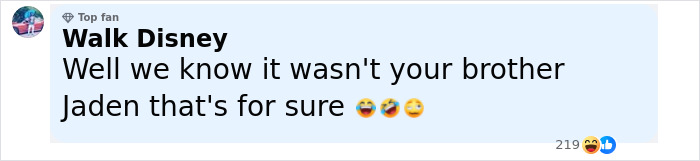 Comment from a top fan on social media discussing Will Smith and Jada Pinkett's daughter amid NSFW crying selfie concerns.