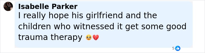 Commenter Isabelle Parker expressing hope for trauma therapy for children witnessing a tragic attack involving a good Samaritan.