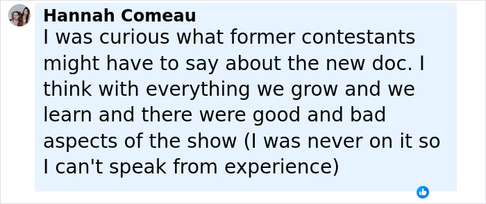 Comment from Hannah Comeau discussing former contestants' views on a new Netflix doc about The Biggest Loser and PTSD impact.