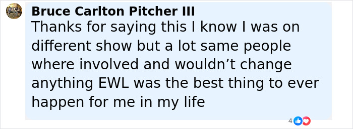 Comment from Bruce Carlton Pitcher III discussing his positive experience on Extreme Weight Loss, contrasting The Biggest Loser claims.