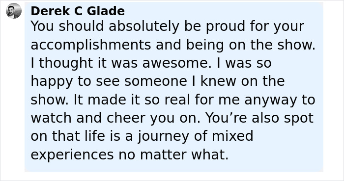 Screenshot of a supportive comment discussing experiences from The Biggest Loser and the impact on former contestants&rsquo; PTSD.