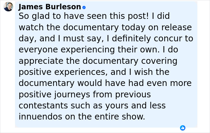 Text post by James Burleson sharing thoughts on a Netflix doc about The Biggest Loser and its impact on former contestants.