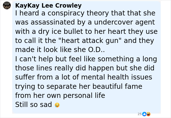 User comment discussing conspiracy theory about Marilyn Monroe's suspicious death and mental health struggles. - 15