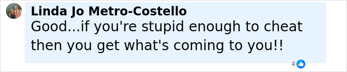 Comment from Linda Jo Metro-Costello expressing a strong opinion on cheating in a casual online discussion.