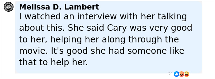 Comment by Melissa D. Lambert discussing Alicia Silverstone’s co-star Cary being supportive during the movie filming. Comment by Melissa D. Lambert discussing Alicia Silverstone’s co-star Cary being supportive during the movie filming.