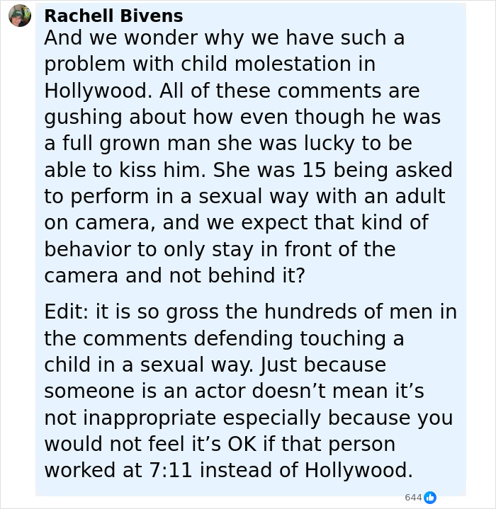 Comment highlighting concerns about child molestation in Hollywood related to a 15-year-old Alicia Silverstone kissing a 30-year-old co-star. Comment highlighting concerns about child molestation in Hollywood related to a 15-year-old Alicia Silverstone kissing a 30-year-old co-star.