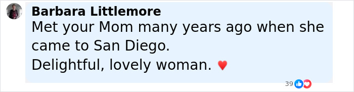 Comment from Barbara Littlemore sharing a heartfelt memory about Brad Pitt’s mom, inspiring mass support online. Comment from Barbara Littlemore sharing a heartfelt memory about Brad Pitt’s mom, inspiring mass support online.