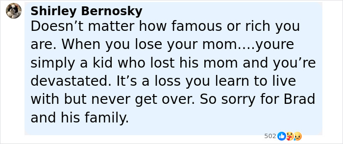 Comment expressing sympathy for Brad Pitt’s loss of his mom, sparking mass support online. Comment expressing sympathy for Brad Pitt’s loss of his mom, sparking mass support online.