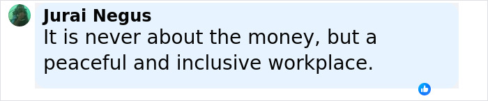 Comment by Jurai Negus about valuing a peaceful and inclusive workplace over money in a professional discussion.
