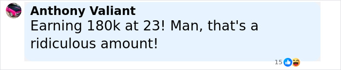 Comment on social media post about earning 180k at age 23, highlighting reaction to high salary.