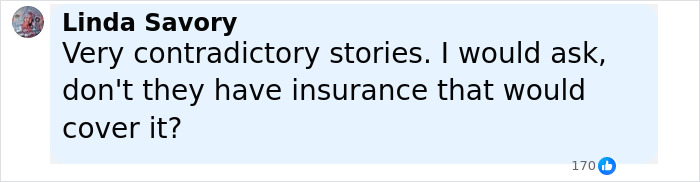Facebook comment by Linda Savory questioning insurance coverage for a broken $1,600 table incident at a caf&eacute;.