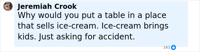 Comment about a child breaking a $1,600 table at a caf&eacute;, with concern over kids and accidents in a family setting.