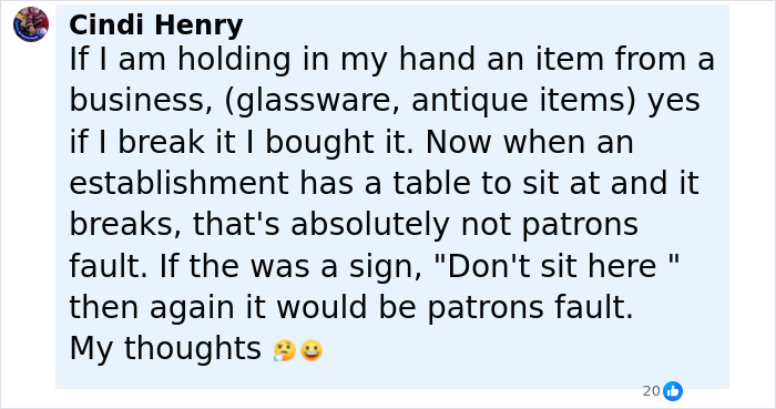 Facebook comment discussing responsibility for breaking a table at a caf&eacute; involving a 3YO and credit card claim.
