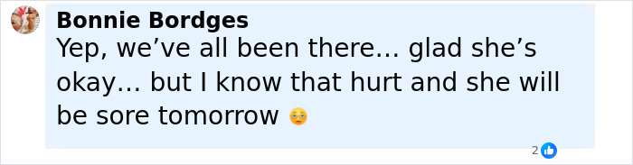 Comment from Bonnie Bordges expressing concern about Anne Hathaway's fall after her heel broke on set.