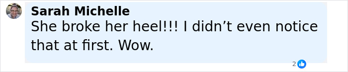 Comment from Sarah Michelle reacting to Anne Hathaway's heel breaking and her fall during a viral video from The Devil Wears Prada 2 set.