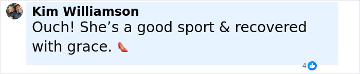 Comment mentioning Anne Hathaway falling off stairs after her heel breaks, showing grace in recovery with a shoe emoji.