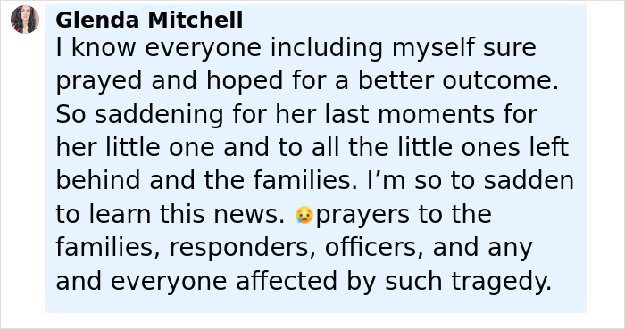 Comment from Glenda Mitchell expressing sadness and prayers regarding bodies of missing mom and baby found after a month. Comment from Glenda Mitchell expressing sadness and prayers regarding bodies of missing mom and baby found after a month.