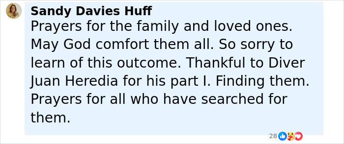 Comment expressing prayers and gratitude related to the recovery of missing mom and baby bodies. Comment expressing prayers and gratitude related to the recovery of missing mom and baby bodies.