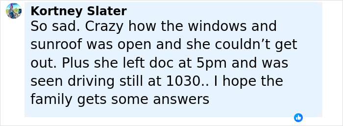 Comment expressing sadness about missing mom and baby found after leaving doctor's appointment with windows and sunroof open. Comment expressing sadness about missing mom and baby found after leaving doctor's appointment with windows and sunroof open.