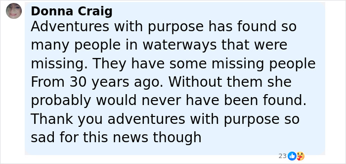 Comment from Donna Craig about Adventures with Purpose finding missing people in waterways, reflecting on missing mom and baby case. Comment from Donna Craig about Adventures with Purpose finding missing people in waterways, reflecting on missing mom and baby case.