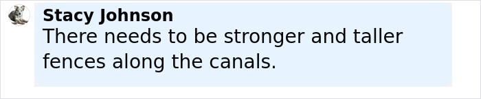 Text message from Stacy Johnson stating there needs to be stronger and taller fences along the canals, discussing safety concerns. Text message from Stacy Johnson stating there needs to be stronger and taller fences along the canals, discussing safety concerns.